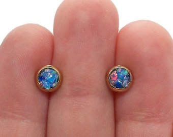 Blue Cotton Candy Synthetic Opal Stud Earrings Crushed Opal 4mm Rose Gold Plated Stainless Steel Stud Earrings