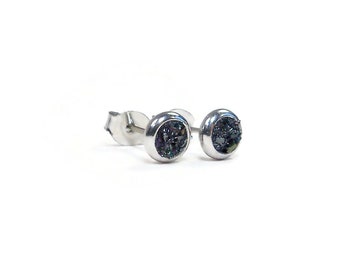 Carborundum 4mm Crushed Stone Hypoallergenic Stainless Steel Stud Earrings Carbon Silicide