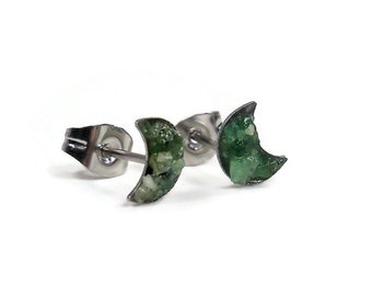 Crescent Moon Crushed Green Emerald Stone Hypoallergenic Stainless Steel Stud Earrings May Birthstone