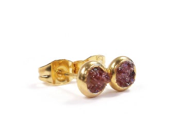 Red Garnet Stud Earrings Crushed Stone Gold Plated Stainless Steel Stud 4mm Earrings