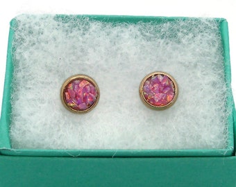 Pink Aurora Synthetic Crushed Opal 6mm Rose Gold Plated Stainless Steel Stud Earrings