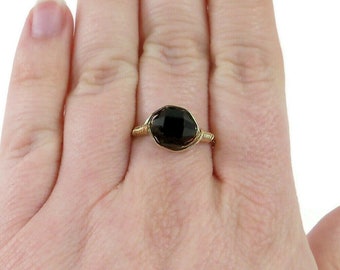 Lg Black Tourmaline Barrel Cut 14k Yellow Gold Fill Wire Wrapped Ring Custom Sized