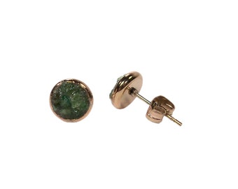 Green Emerald Crushed Stone 6mm Rose Gold Plated Stainless Steel Stud Earrings