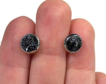 Black Carborundum Hypoallergenic Stainless Steel 6mm Stud Earrings Carbon Silicide Crushed Stone