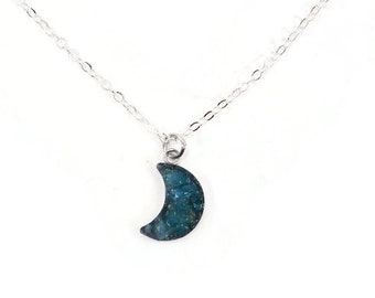 Apatite Blue Moon Necklace Crushed Stone Silver Plated Necklace 18"