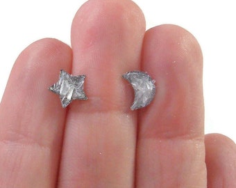 White Selenite Moon & Star Crushed Stone Hypoallergenic Stainless Steel Stud Earrings
