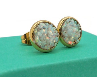 White Synthetic Crushed Opal 8mm Gold Plated Stainless Steel Stud Earrings