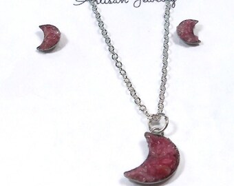 Moon Jewelry Set Stud Earrings 18" Necklace Crushed Pink Rhodonite Gift Set