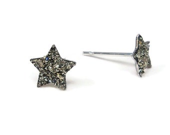 Pyrite Star Crushed Stone Hypoallergenic Stainless Steel Stud Earrings Fool's Gold