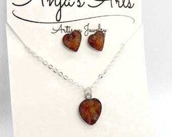Orange Carnelian Heart Jewelry Set Stud Earrings 18" Necklace Crushed Stone