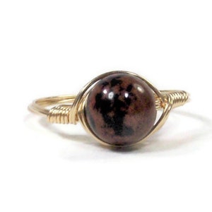 LG Mahogany Brown Obsidian 14k Yellow Gold Filled Wire Wrapped Ring