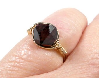 Red Garnet LG Star Faceted 14k Gold Fill Wire Wrapped Ring