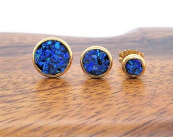 Blue Bali Synthetic Crushed Opal Gold Plated Stainless Steel Stud Earrings