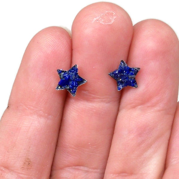 Blue Lapis Lazuli Star Crushed Stone Hypoallergenic Stainless Steel Stud Earrings