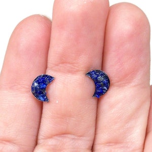 Blue Lapis Lazuli Crescent Moon Crushed Stone Hypoallergenic Stainless Steel Stud Earrings