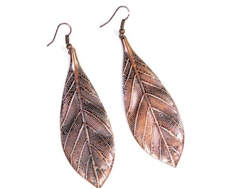 Leaf Earrings Long Dangle Earrings Antiqued Copper