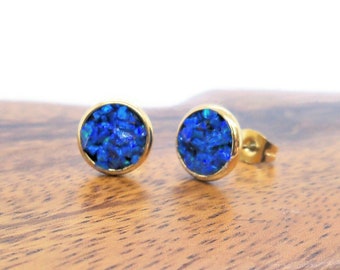 Bali Blue Synthetic Crushed Opal 8mm Gold Plated Stainless Steel Stud Earrings