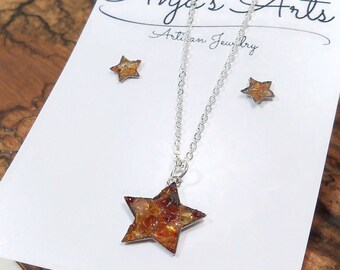 Star Carnelian Jewelry Set Stud Earrings 18" Necklace Crushed Orange Carnelian Stone Gift Set