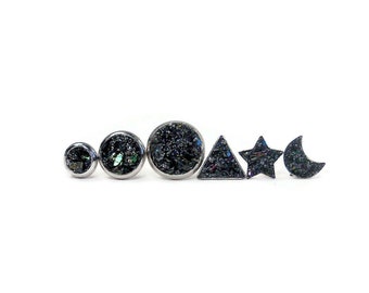 6 Pair Gift Set Crushed Black Carborundum Carbon Silicide Stone Stainless Steel Hypoallergenic Stud Earrings