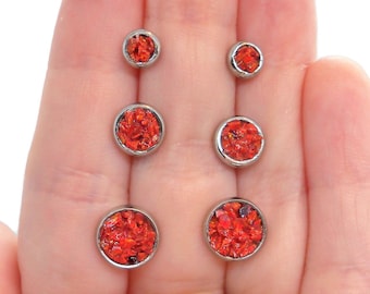 Magma Red Synthetic Opal Stud Earrings Crushed Opal Hypoallergenic Stainless Steel Stud Earrings