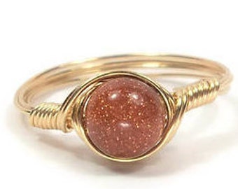 Brown Goldstone 14k Gold Filled Wire Wrapped Ring Custom Sized