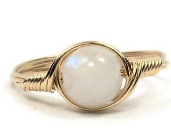 Rainbow Moonstone 14k Yellow Gold Filled Wire Wrapped Gemstone Ring