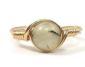 Prehnite Ring 14k Yellow Gold Fill Wire Wrapped Ring