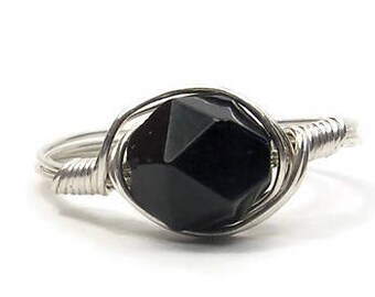 Lg Black Tourmaline Star Facet .999 Fine Silver Wire Wrapped Ring Custom Sized