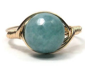 Faceted LG Teal Jade (Dyed) 14k Yellow Gold Filled Custom Sized Wire Wrapped Ring