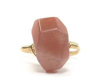 XL Peach Aventurine Nugget 14k Gold Fill Wire Wrapped Ring