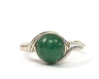 Dark Green Aventurine .999 Fine Silver Wire Wrapped Stone Ring