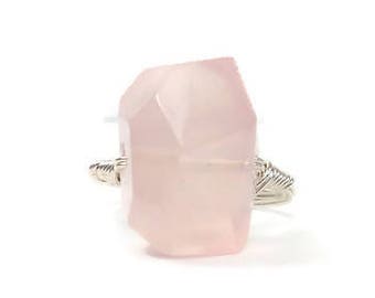 XL Rose Quartz Nugget .999 Fine Silver Wire Wrapped Ring