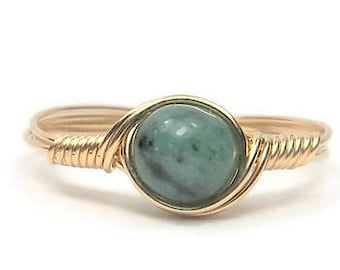 African Jade 14k Yellow Gold Fill Wire Wrapped Ring
