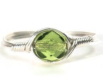 Grass Green Czech Glass .999 Fine Silver or 14k Gold Filled Wire Wrapped Ring