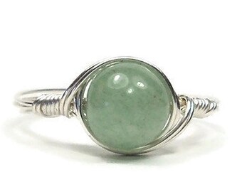 Lg Green Aventurine .999 Fine Silver Wire Wrapped Stone Ring