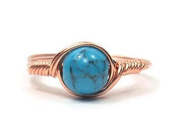 Blue Howlite Copper Wire Wrapped Ring Custom Sized