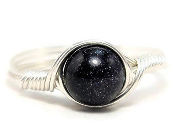 Blue Goldstone .999 Fine Silver Wire Wrapped Ring