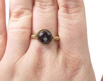 Garnet Faceted Gemstone Ring, 14k Yellow Gold Fill Wire Wrapped Ring, January Birthstone Ring