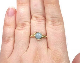 Aquamarine Ring 14k Yellow or Rose Gold Filled Wire Wrapped Gemstone Ring Birthstone Ring
