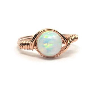 Opal Wire Wrapped Ring 14k Rose Gold Fill Custom Sized Faux Opal Manmade Opal