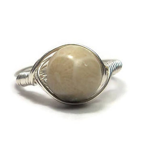 LG Petoskey Stone Fossilized Coral .999 Fine Silver Wire Wrapped Ring MI State Stone