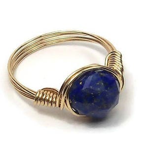 Lg Blue Lapis Lazuli Star Facet 14k Yellow Gold Wire Wrapped Ring Custom Sized image 2