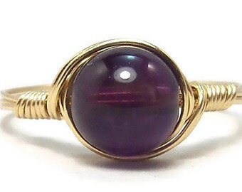 LG Amethyst Gemstone Ring 14k Yellow Gold Fill Wire Wrapped Ring