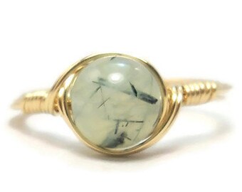 Lg Prehnite Ring 14k Yellow Gold Fill Wire Wrapped Ring