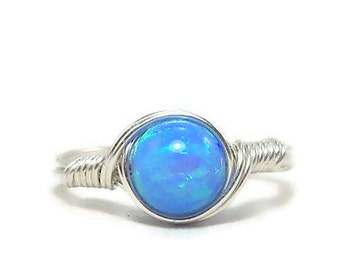 Blue Opal Wire Wrapped Ring .999 Fine Silver Faux Opal Manmade Opal As Seen On TV