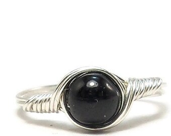 Black Tourmaline Ring Argentium Sterling Silver Wire Wrapped Ring