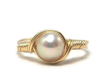 Champagne Blush Freshwater Pearl 14k Gold Fill Wire Wrapped Ring