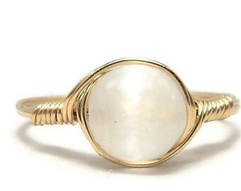 LG White Selenite 14k Yellow Gold Fill Wire Wrapped Stone Ring