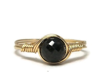 Faceted Black Spinel 14k Yellow Gold Fill Wire Wrapped Ring Custom Sized