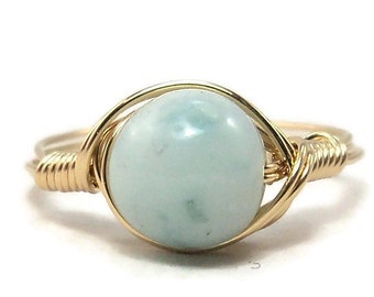 LG Blue Amazonite B Grade 14k Yellow Gold Filled Wire Wrapped Ring